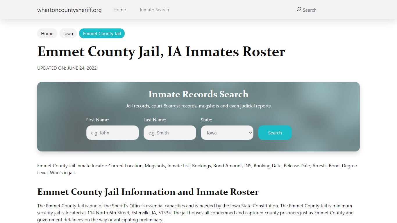 Emmet County Jail, IA Jail Roster, Name Search